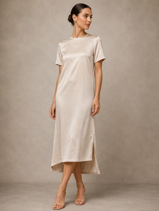 Dresses & Skirts - Greige Faux Silk Midi Dress | Minimalist Bridal Shift Dress